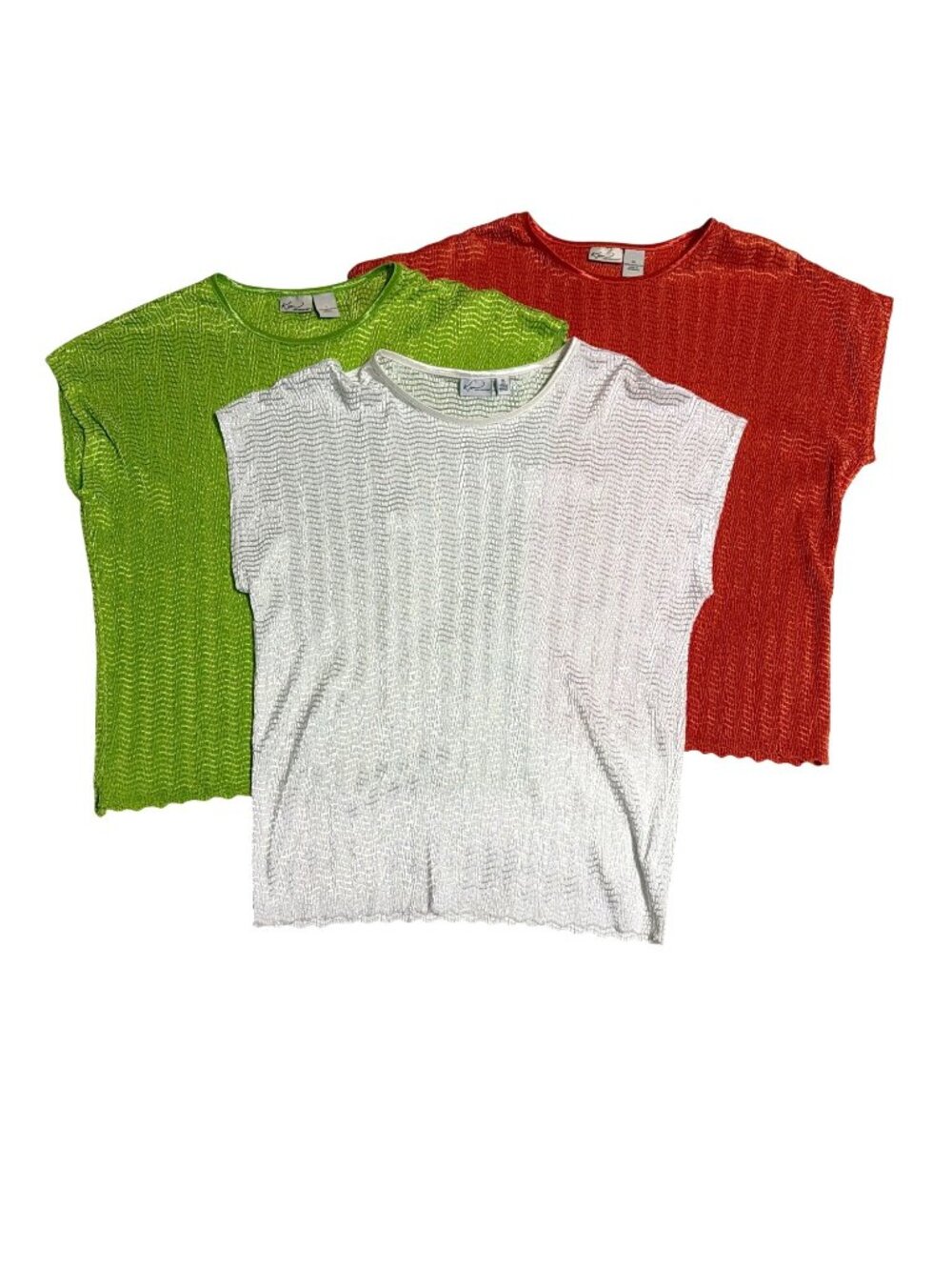 Lot of 3 Kim Rogers Womens XL Textured Short Sleeve Tops In Green White & Orange